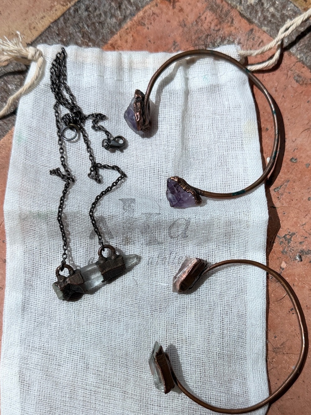 Amy Kae Atelier- 2  Raw Crystal Cuff Bracelets and  1  Necklace Set -